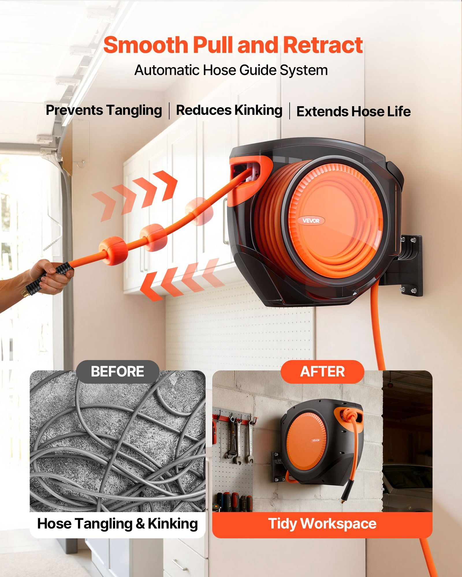 Chateauy Enclosed Retractable Air Hose Reel, 3/8" x 80FT Hybrid Hose 300PSI, 6.6FT Lead-in 180° Swivel Mount for Workshops