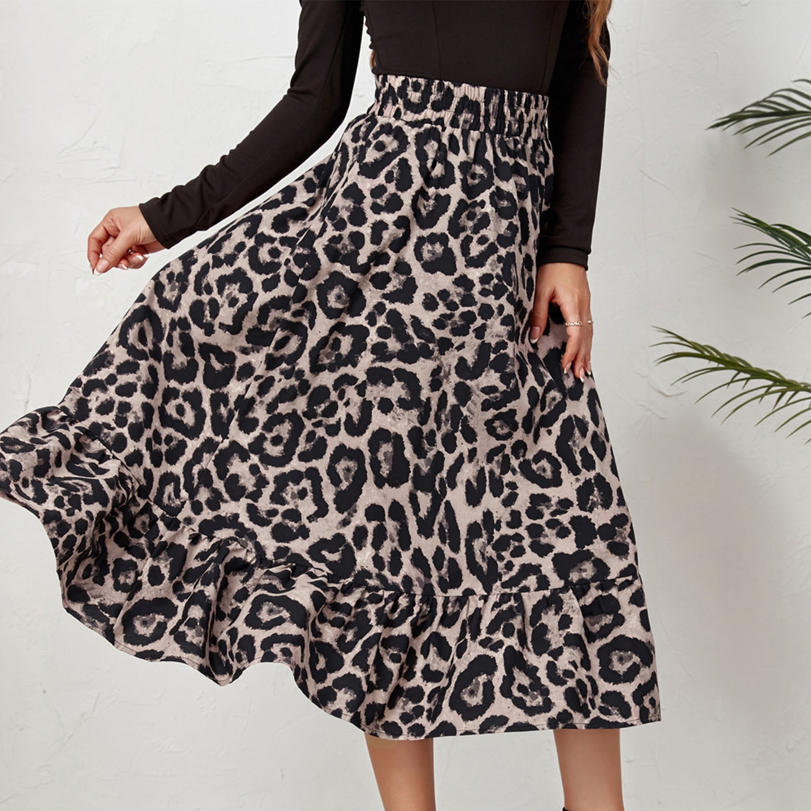 Salelign A Line Midi Skirt Leopard Print Ruffle Design Stylish Casual Elastic High Waist Women Midi Skirt Grey M