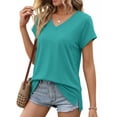thumbnail image 3 of MOSHU V Neck T-Shirts for Womens Side Split Short Sleeve Shirts Loose Fit Tee Dressy Casual Women Tops, 3 of 12