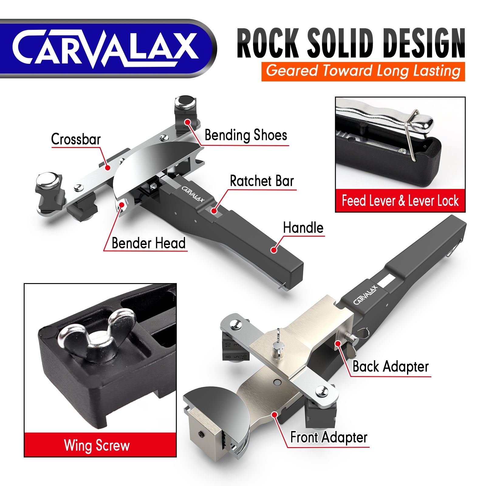 Carvalax Aluminum Pipe Tube Bender Set with 7 Electroplated Bender Heads, for 1/4” to 7/8” O.D, 90° Ratcheting Tubing Bender w/Reverse Bending Adapters, for HVAC, Air Conditioning, and Hydraulic Work
