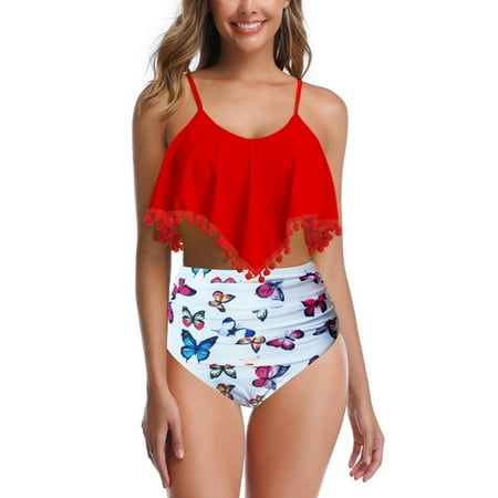Lu s Chic Women s Two Piece Bathing Suit Cheeky Bikini High Waisted Beach Sexy Hawaiian Ruffled Printed Swimwear Red butterfly XX-Large