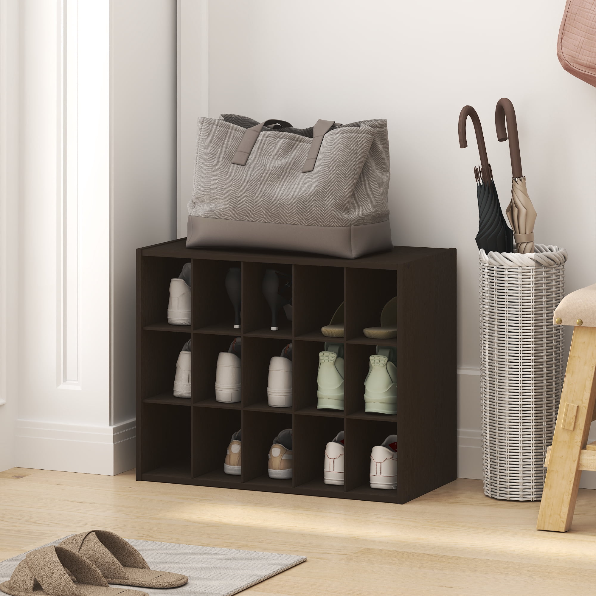 Furinno FANO Shoe Rack, 15-Cube Shoe Organizer, Stackable Shoe Storage, 11.4 x 24.2 x 19.3, for Closet Entryway, Office, Garage, Dark Oak