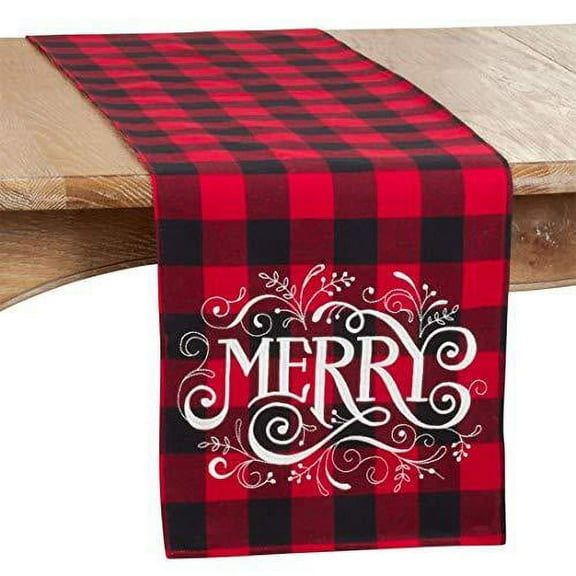 Fennco Styles Holiday Buffalo Plaid Cotton Blend Merry Design Table Runner 14 x 72 Inch - Red & Black Plaid Table Cover for Christmas Decor, Home, Banquet, Family Gathering and Special