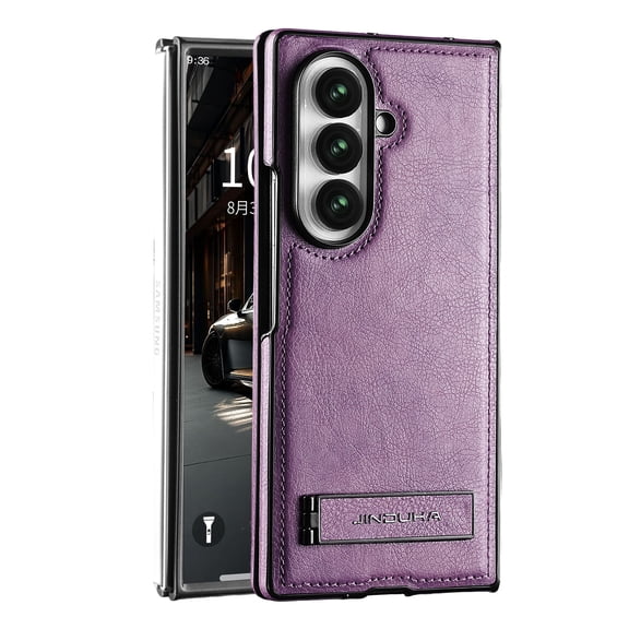 ELEHOLD Retro Leather Texture Case for Samsung Galaxy Z Fold 7, Shockproof Protective Cover with Foldable Kickstand, Raised Edge Camera Protection, Purple