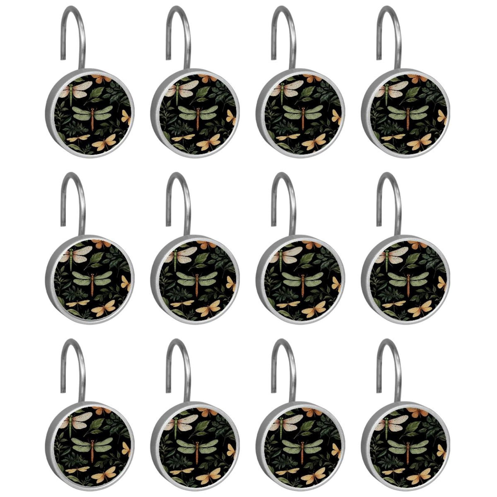 HemaKayy 12 Pcs Shower Curtain Hooks Bathroom Decorative Accessories Green Leaves and Dragonflies