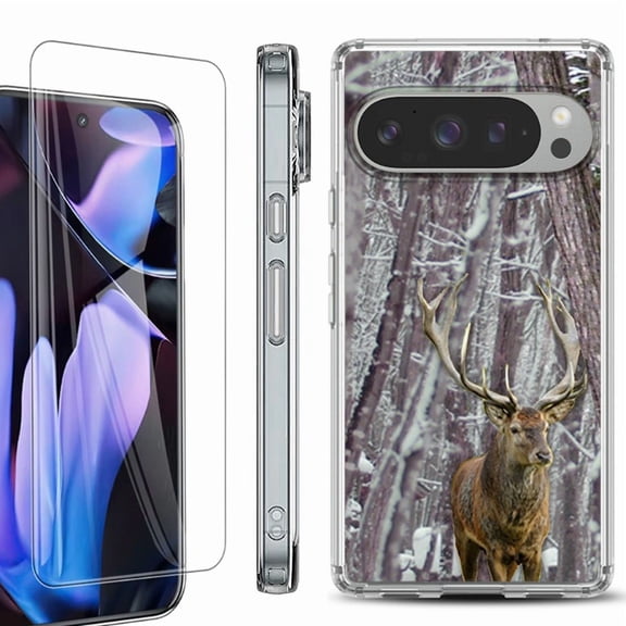 For Google Pixel 9 Pro XL Phone Case Cover, Shockproof Bumper Case with Tempered Glass Screen Protector, by OneToughShield - Deer/Snow/Camo