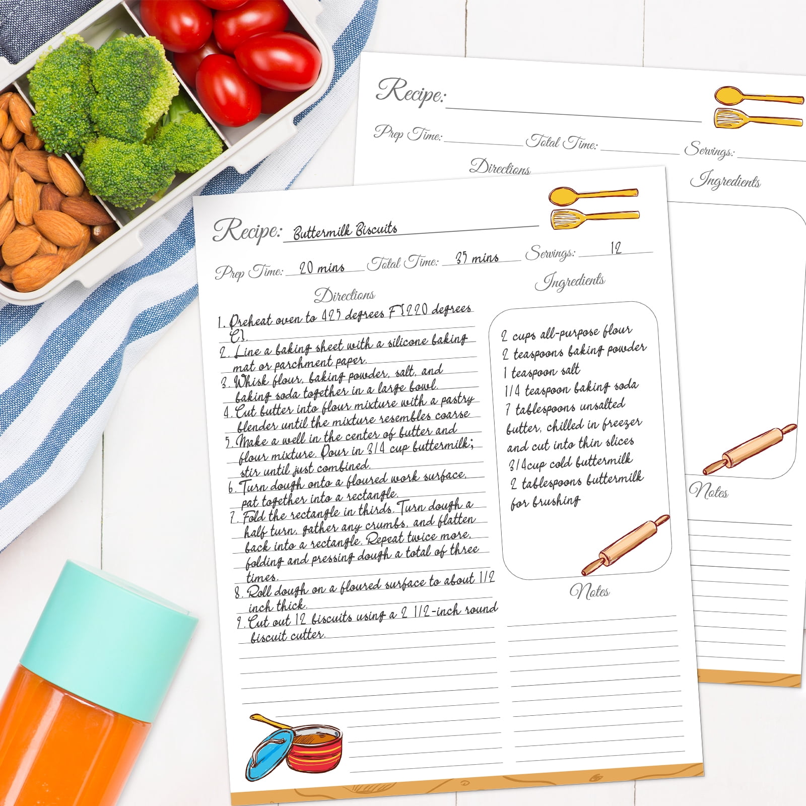 Recipe Binder 8.5x11 3 Ring with Plastic Sleeves & 30 Blank Full-Page Recipe Cards, Cookbook Binder to Write in Your Own Recipes (Color Veggies)