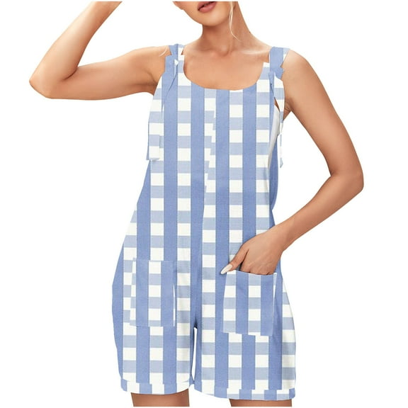 HOOMEUMY Women's Shorts Rompers with Pockets Scoop Neck Rompers Adjustable Knot Straps Overalls Plaid Casual Sleeveless Bib Overall Shorts Jumpsuit Wide Leg Dressy Outfit Fashion Summer Shorts