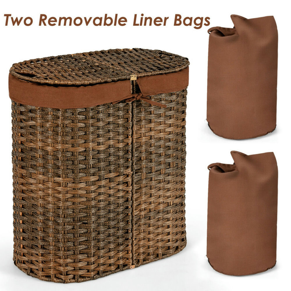 Finihen Laundry Hamper, Laundry Basket, Handwoven Laundry Hamper Basket with 2 Removable Liner Bags, for Bathroom, laundry Room, Brown Finihen Laundry Hamper, Laundry Basket, Handwoven Laundry Hamper Basket with 2 Removable Liner Bags, for Bathroom, laundry Room, Brown