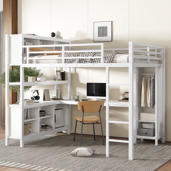 QZYeYun Queen Metal Loft Bed with L Shaped Desk Wardrobe Storage Shelves for Teen Adult White