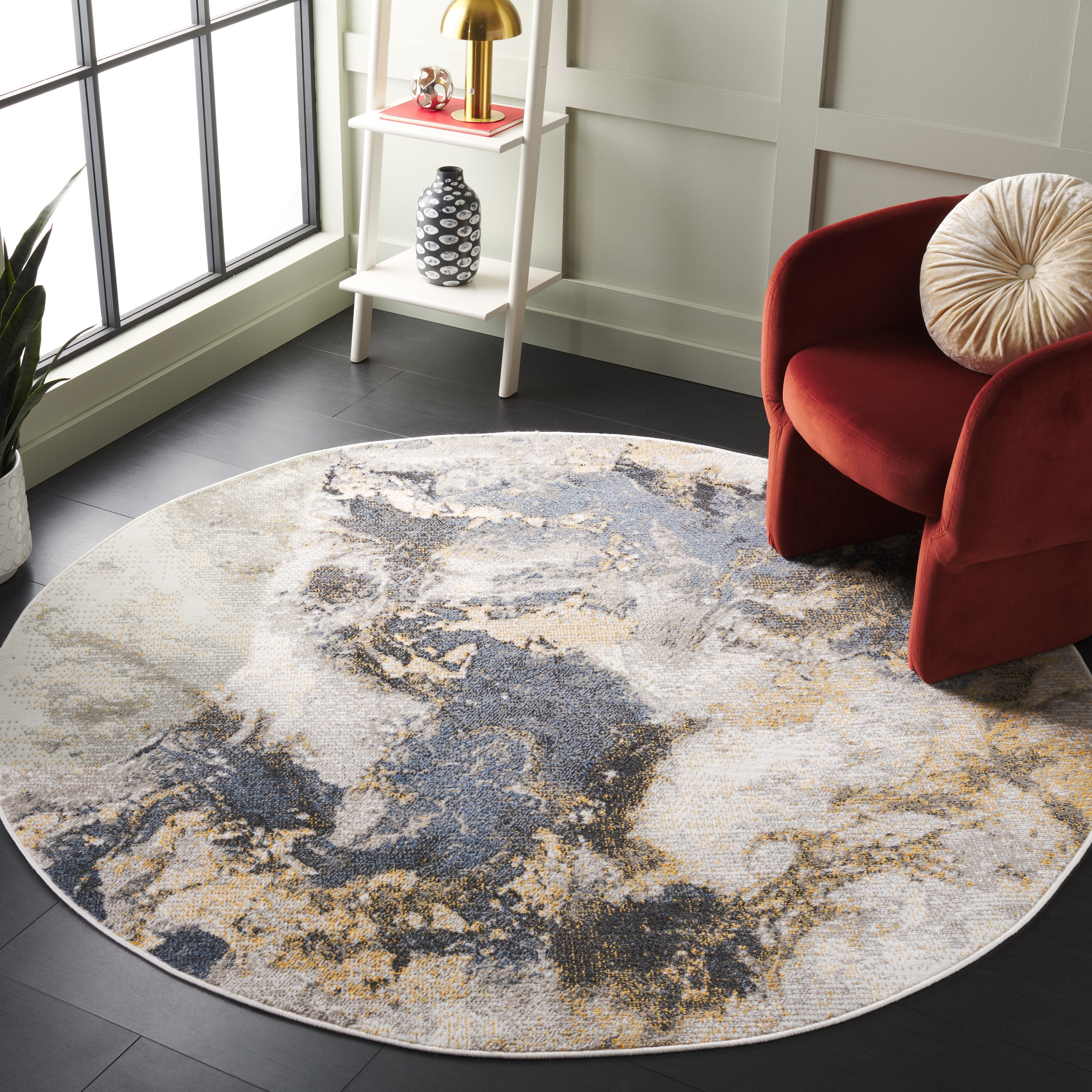 SAFAVIEH Pyramid Luis Abstract Area Rug, Grey/Navy Gold, 6'7" x 6'7" Round