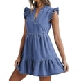 thumbnail image 4 of Vestido de mezclilla POTILI con volantes, manga corta, cuello en V, azul para mujer, 4 of 6