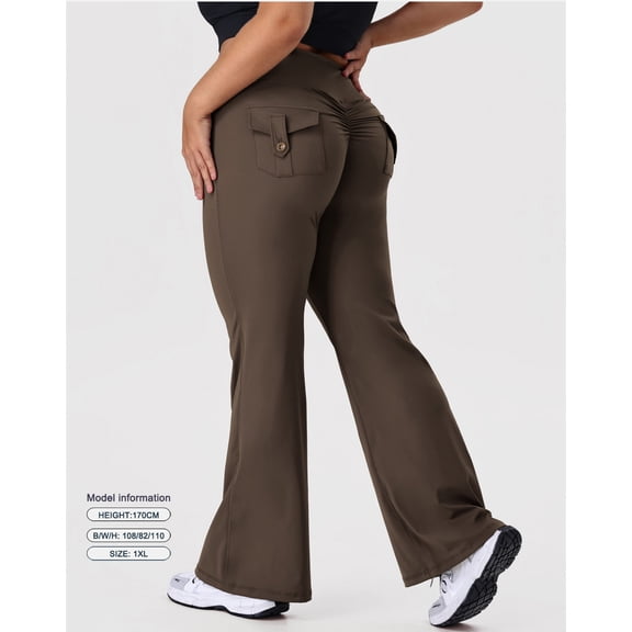 PISONIC Plus Size Flare Leggings for Women with Pockets High Waist Yoga Pants Bootcut Bell Bottom Workout