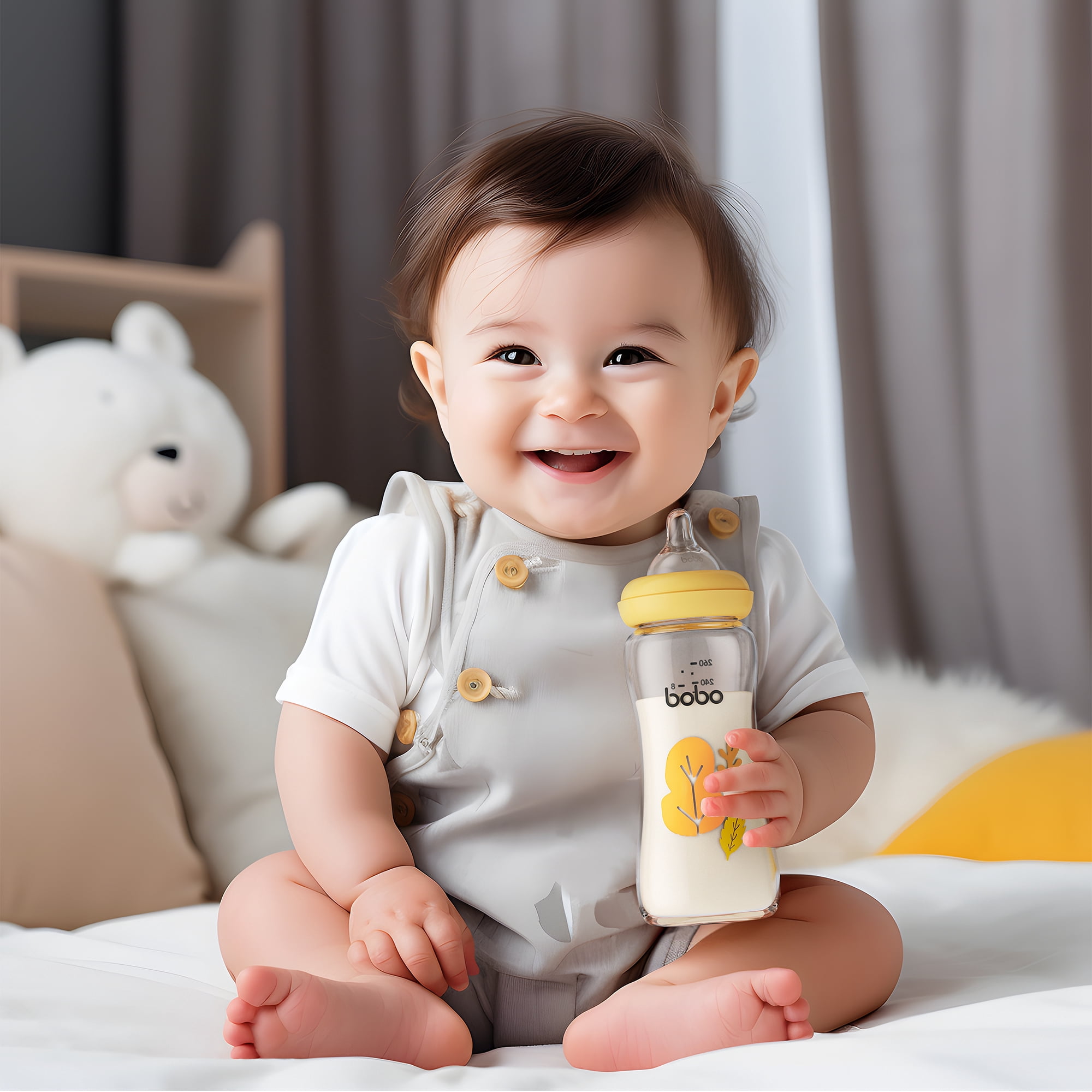 YOHKOH Glass Baby Bottle,Natural Response Nipple, 8.8oz/2Pk,Mushroom Yellow,Bottles Gift Set