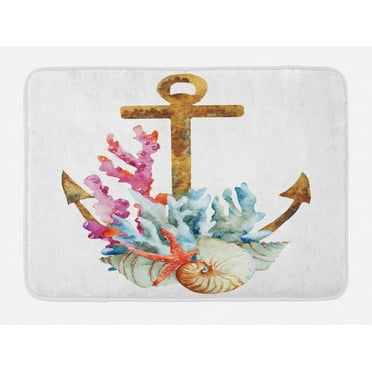 Anchor Bath Mat, Anchor with Corals Seaweed Nature Deep Sea Underwater Life Diving Enjoyment, Non-Slip Plush Mat Bathroom Kitchen Laundry Room Decor, 29.5 X 17.5 Inches, Caramel Multicolor, Ambesonne