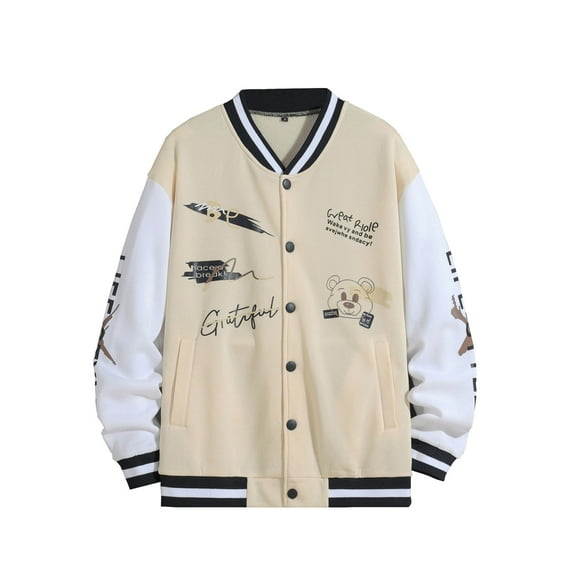 Sunloudy Men Baseball Jacket, Long Sleeve Button Closure Letters Bear Print Contrast Color Varsity Jacket Fall Casual Jacket