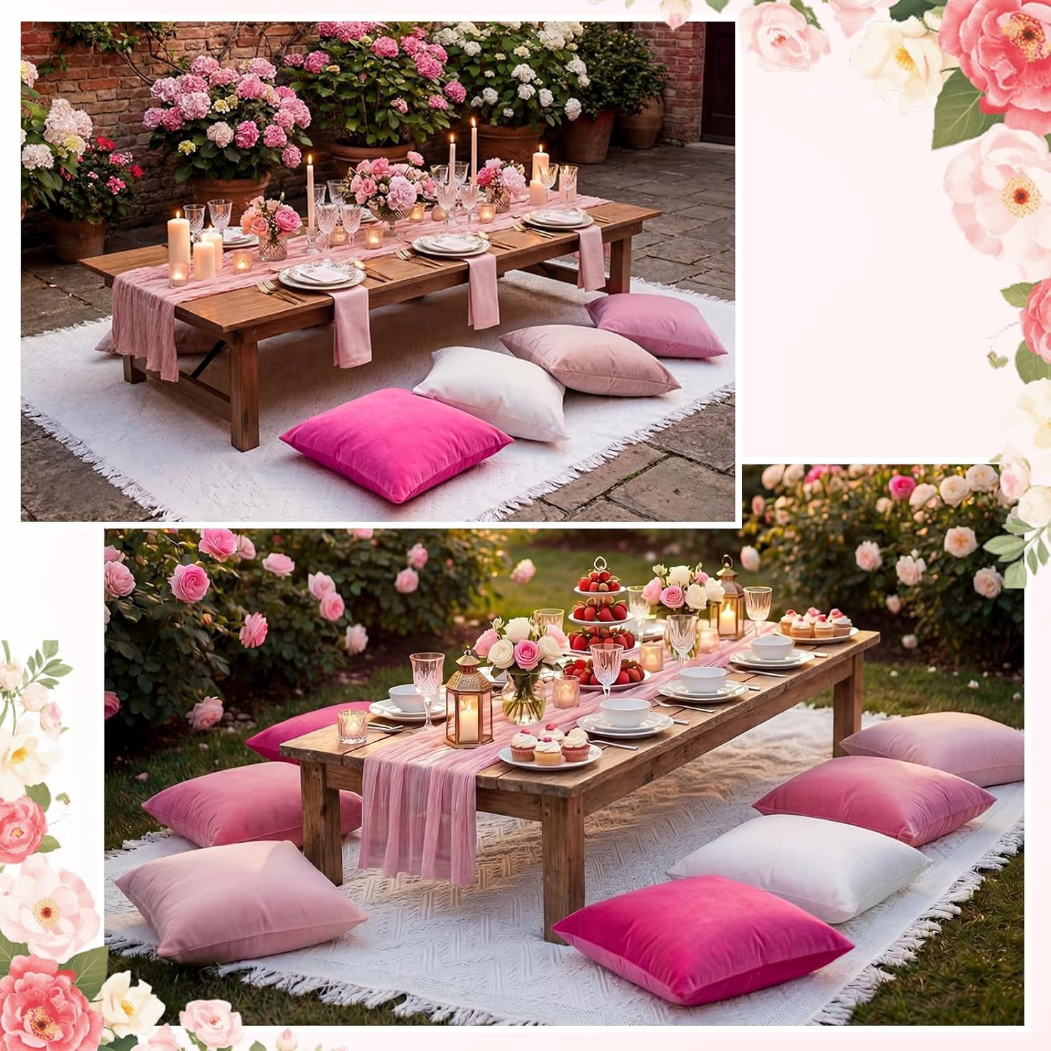 10 Pcs 71''x102'' Extra Large White Outdoor Boho Picnic Blanket with Pink Table Runner 8 Throw Pillow Cover Oversized Washable Portable Beach Blanket for Valentine Picnic Camp Lawn Wedding