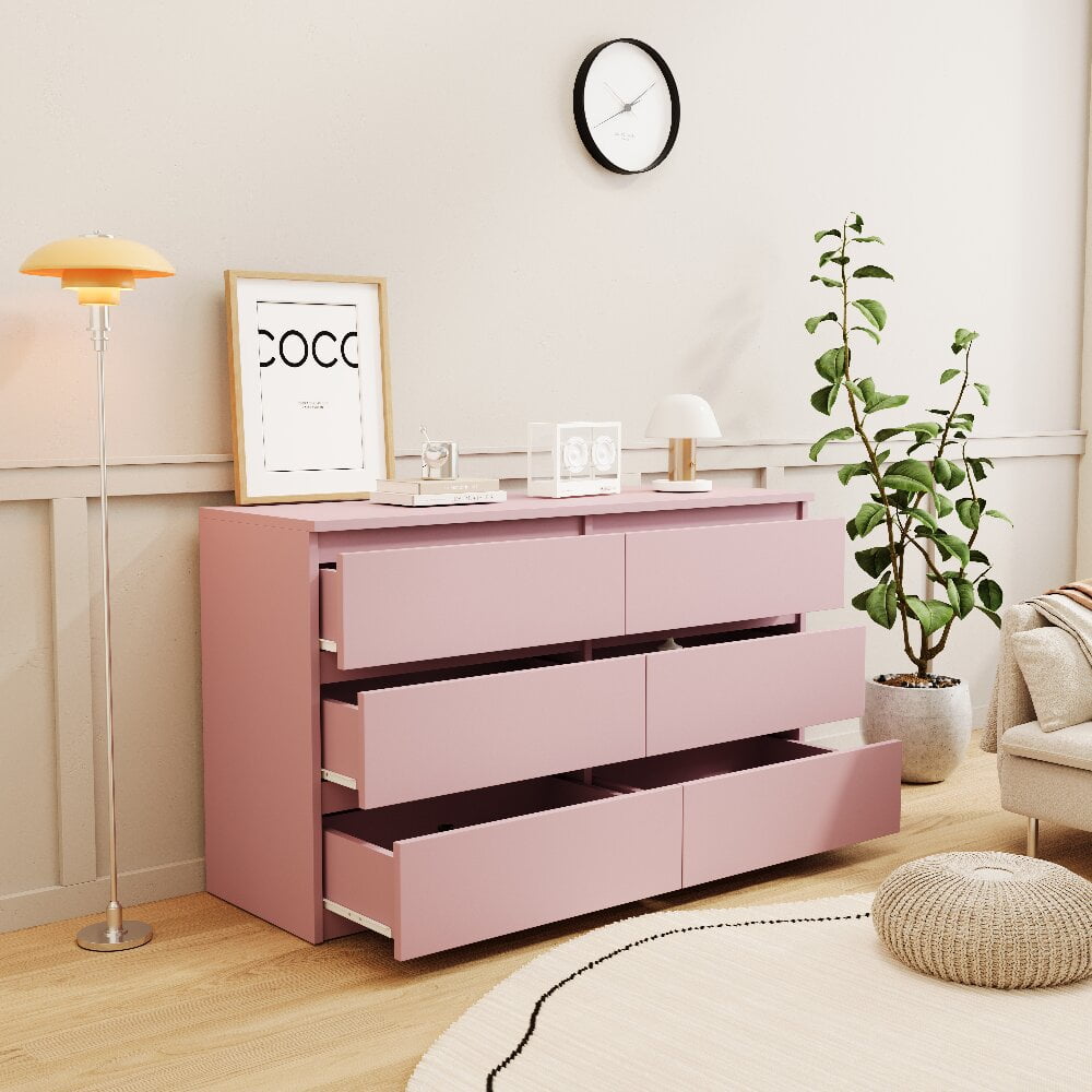 Kadyn 6 Drawer Double Dresser, Chest of Drawers for Bedroom Tall Dresser Storage for Living Room Hallway (Pink)