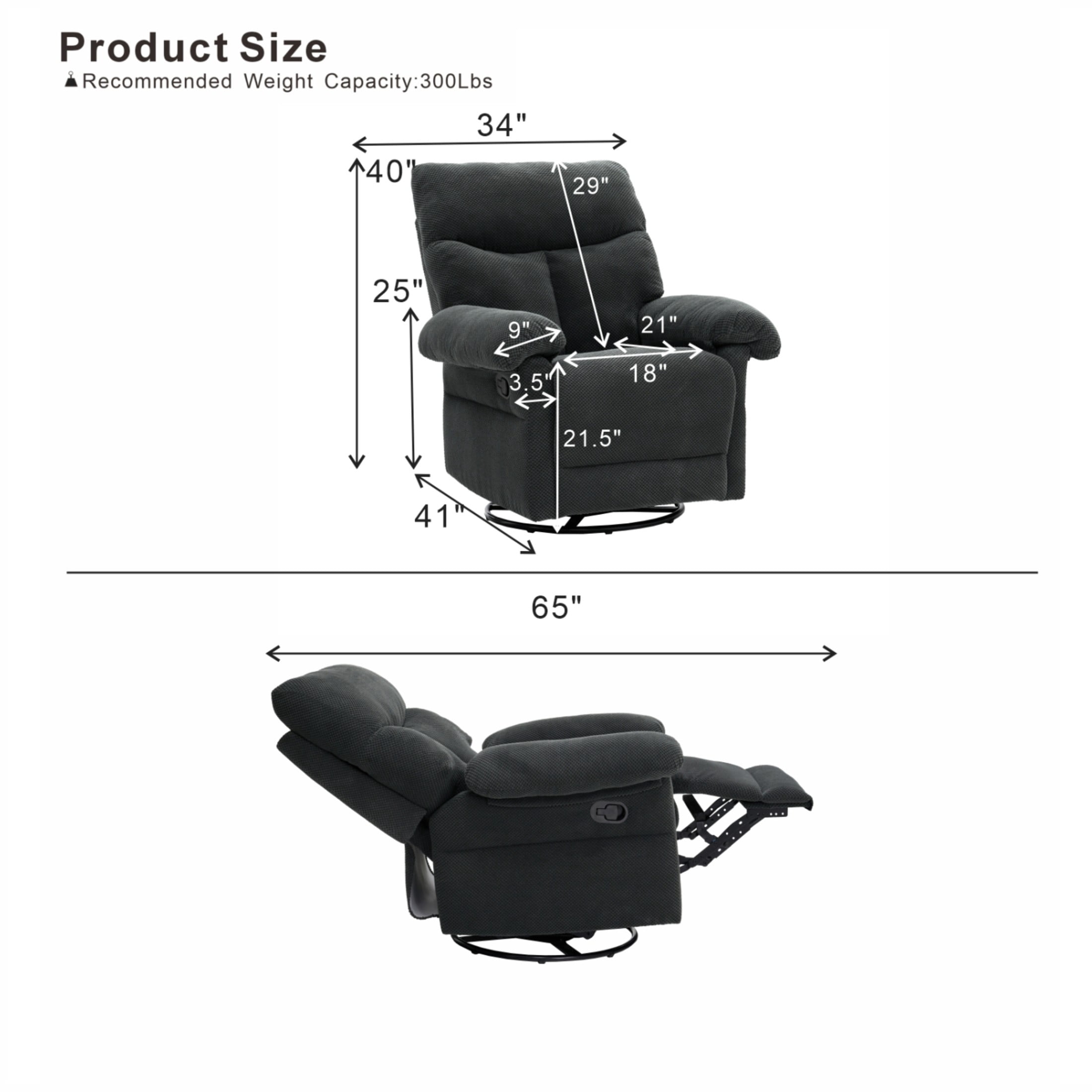 Noble House Modern Swivel Rocker Recliner Chair, Manual Glider Recliner with Textured Fabric, Dark Gray