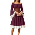 thumbnail image 2 of Women's Renaissance Peasant Dress Off Shoulder Ruffle Long Sleeve A-Line Midi Dress with Lace-up Corset Belt Medieval Vintage Halloween Costume Fair Festival Outfit, 2 of 8