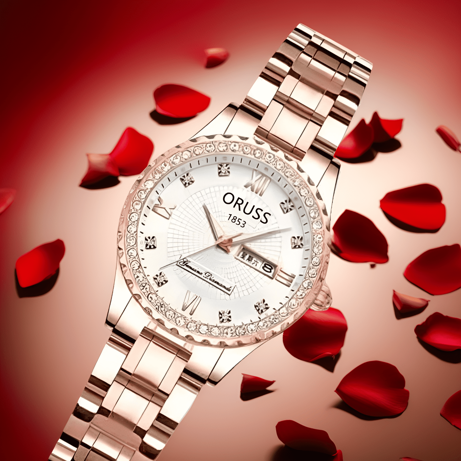 Women's Diamond Quartz Watch, Date Day Display, Luminous, Stainless Steel Band, Luxury Wristwatch