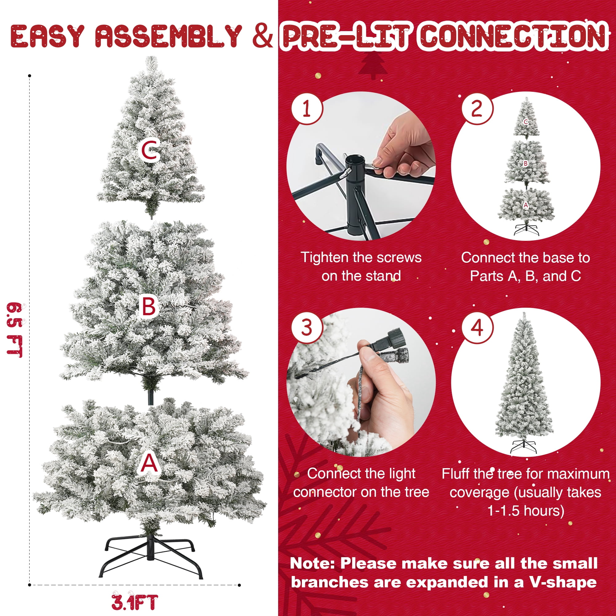 Posrue 6.5ft Pre-Lit Snow Flocked Slim Christmas Tree with 1000 Tips 250 Warm Lights, Hinged Artificial Holiday Xmas Pine Tree, White