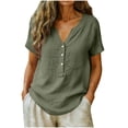 thumbnail image 6 of MORESEC Women V Neck 3/4 Sleeve Button Down Curved Hem Casual Basic Tshirt Vacation Fashion Clothes, Army Green XL, 6 of 9