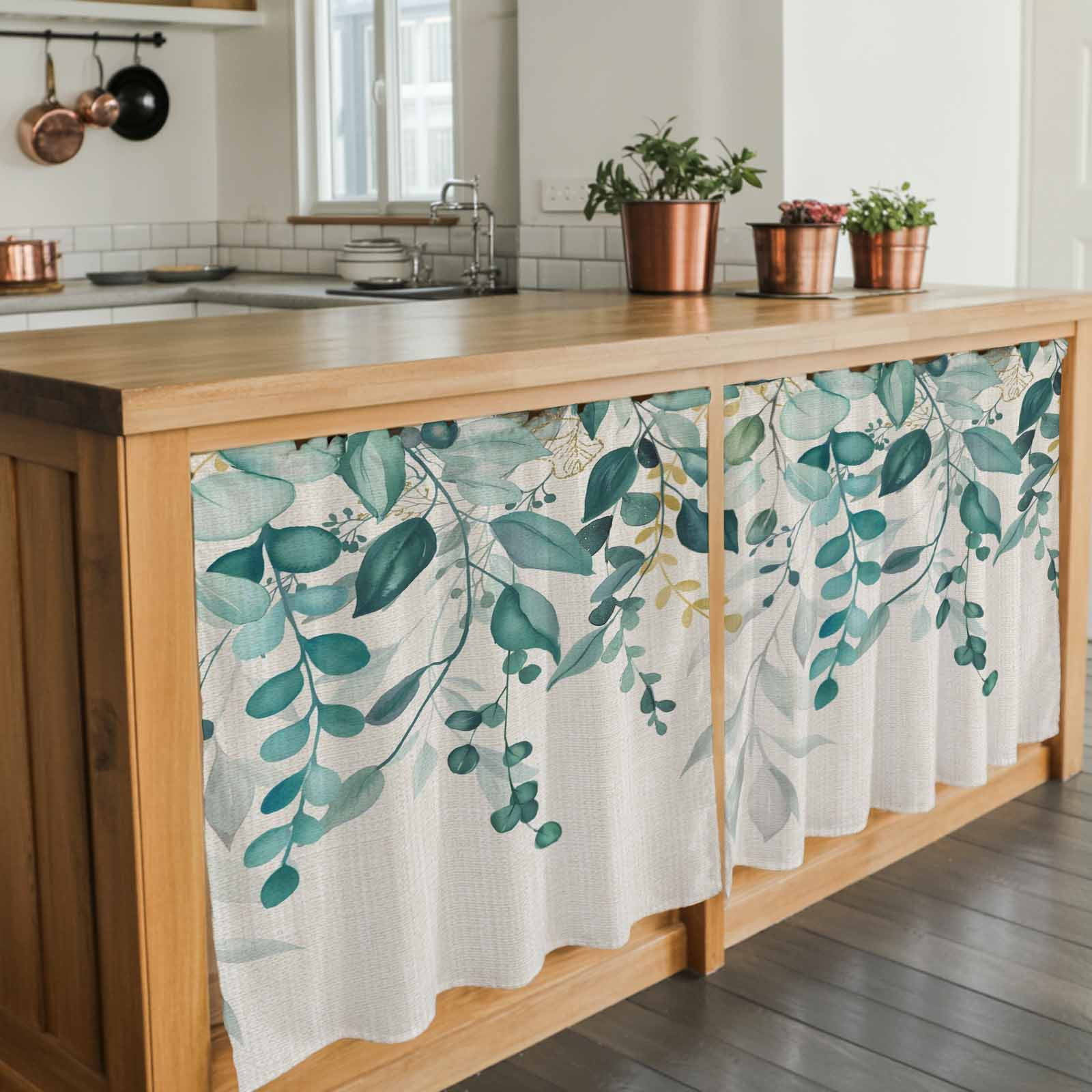 Teal Green Eucalyptus Tier Curtains 36 Inch Length, Farmhouse Weeping Leaves Linen Cafe Short Curtains for Bathroom Over Sink, Small Kitchen Curtain Light Filtering Tiered Drapes 2 Panels 27.5"Wx36"L