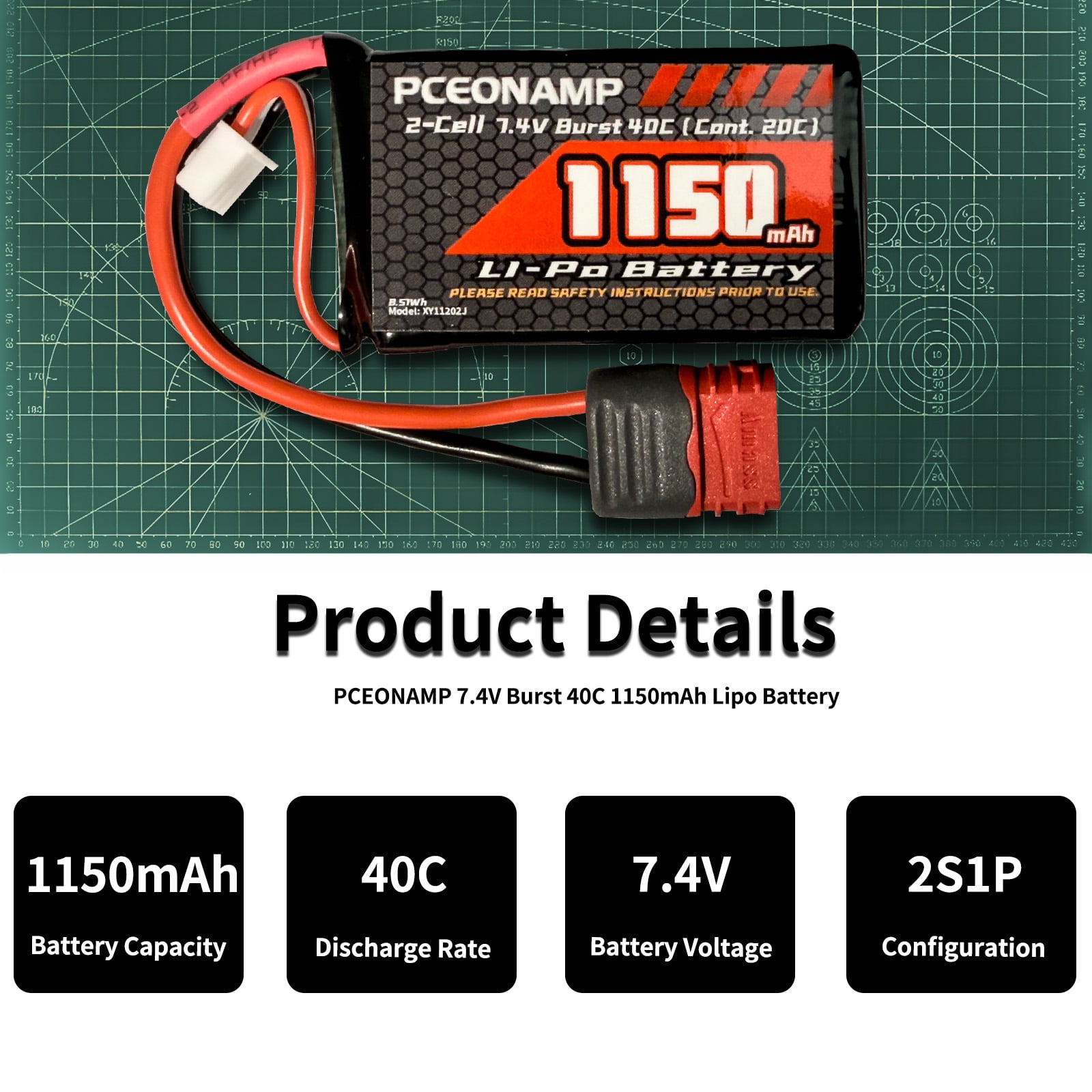 PCEONAMP 2S Lipo Battery 1150mAh 7.4V Burst 40C with T Plug  RC Battery Fit for HBX  18858 18859 18859A 16890A  2196 ,  and Most 1/12, 1/16, 1/18 Scale RC Car Truck with 1 USB Charger （2packs）