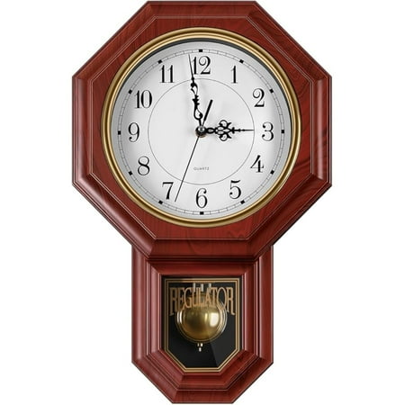 Vintage Pendulum Wall Clock, Wood-Looking Plastic, Battery Operated Imitation Red