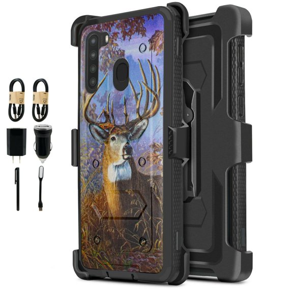 Value Pack ! for Samsung Galaxy A21 Phone Case 360° Cover Built In Screen Protector Clip Kickstand Holster Hybrid Shock Bumper (Deer)