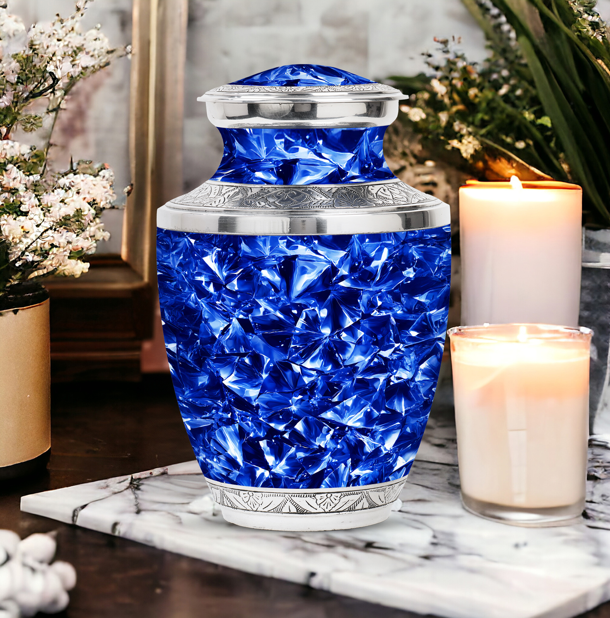 MUKTIVE Crystal Abstract Memorial Urns for Adult Male - Funeral Urn for Ashes for Women - Large Blue Urn for Brother & Sister - Burial Urns for Adult Human Ashes for Cremation - 10 Inch