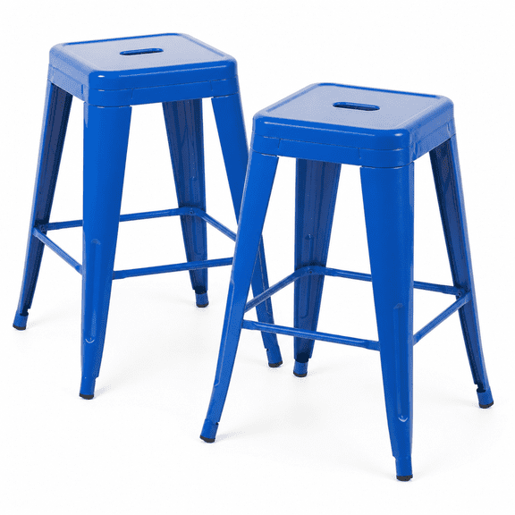 24 Inch Backless Metal Counter Stool Set of 2,Blue, Stackable with Carry Hole and Footrest