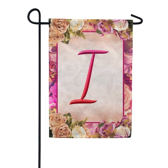 America Forever Spring Monogram Garden Flag Letter I 12.5 x 18 inches Double Sided Vertical Outdoor, Yard, Lawn, Beautiful Floral Design, Garland, Roses and Summer Flowers Garden Flag