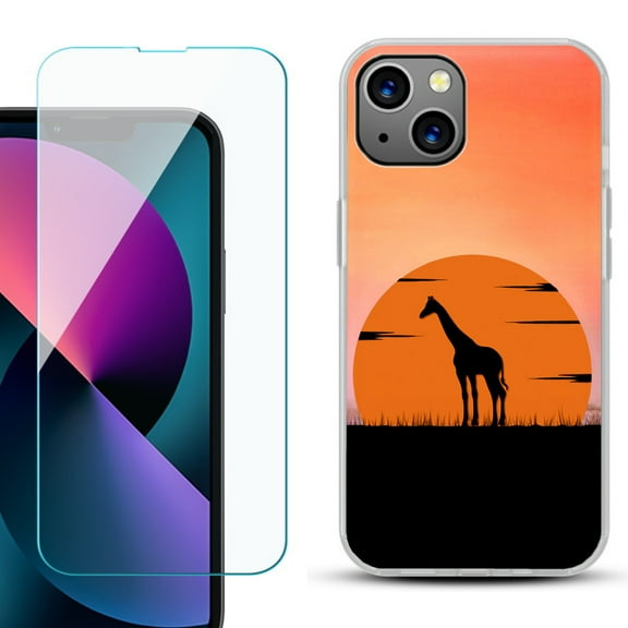 Slim-Fit Gel TPU Phone Case for iPhone 13 Mini, with Tempered Glass Screen Protector, by OneToughShield ® - Sunset Giraffe