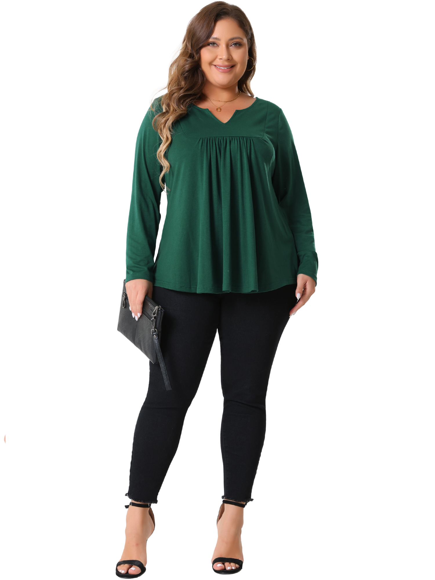 DARING DIVA Women's Plus Tops Notched Neck Front Pleated T-Shirt Blouses 2X Dark Green