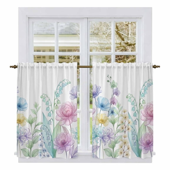 Colorful Spring Floral Tier Curtains 54 Inch Length, Farmhouse Flowers Modern Botanical Cafe Short Curtains for Bathroom Over Sink, Small Kitchen Curtain Light Filtering Drapes 2 Panels 27.5"Wx54"L