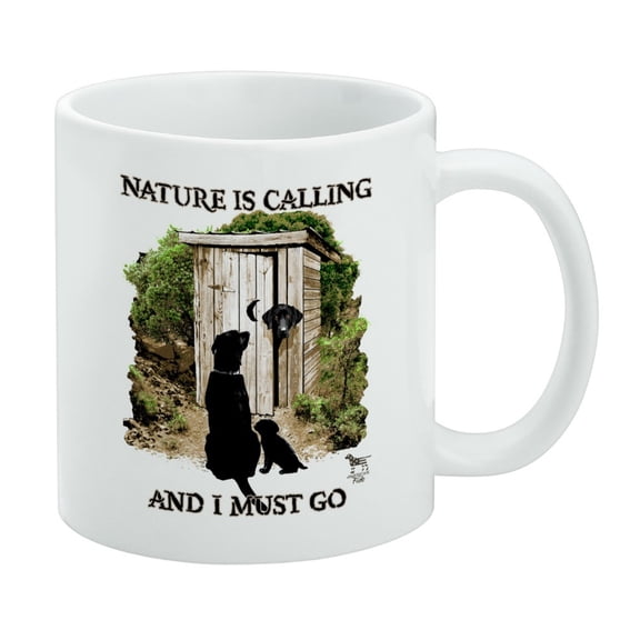 Nature is Calling and I Must Go Outhouse Labs Dogs White Mug