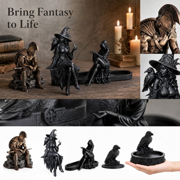 Gothic Witch Halloween Decor with Crescent Moon and Crow, 1 Piece, Matte Black, for Living Room Shelf, Figurine Decoration