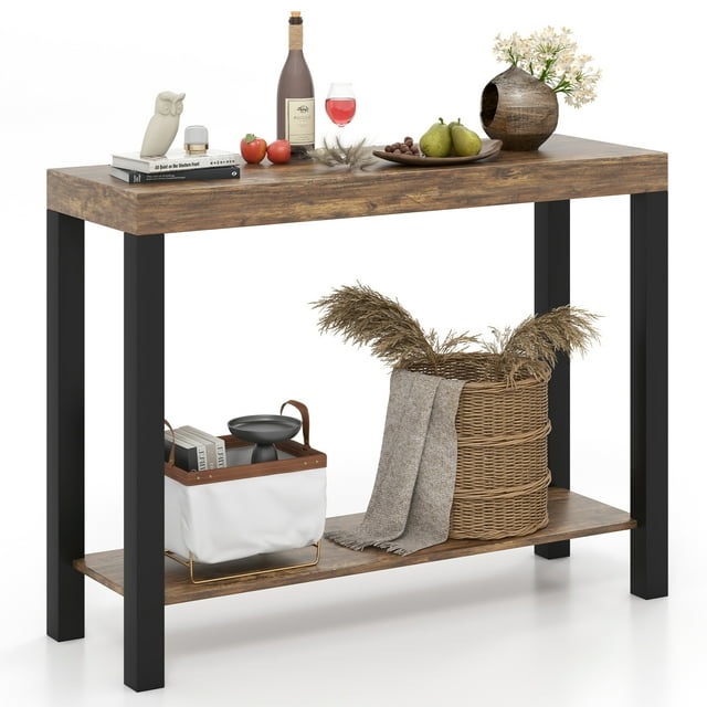 Gymax Table de Bar à 2 Niveaux pour la Maison avec Étagères Ouvertes Table d'Appoint de Sofa avec Rangement pour la Maison