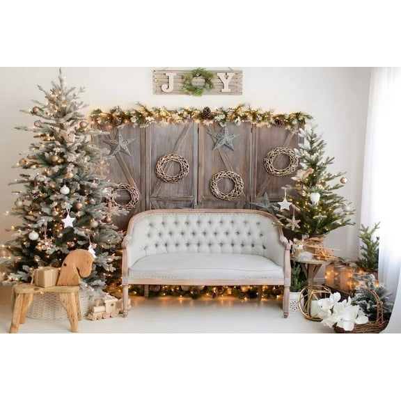 Christmas Interior Background Rustic Wood Glitter Xmas Tree Gift Hobbyhorse Kids Birthday Portrait Photography Backdrop