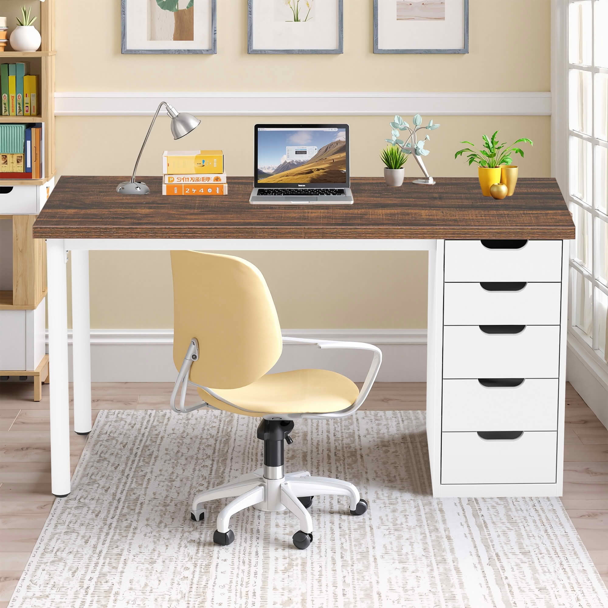 MAYEERTY 47 Inch Modern Computer Desk with 5 Reversible Drawers, Rustic Brown Writing Table for Home Office