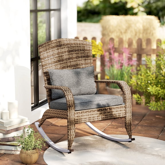 Outsunny Outdoor Wicker Adirondack Rocking Chair, Patio Rattan Rocker Chair with High Back, Seat Cushion and Pillow for Porch, Balcony, Gray
