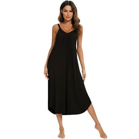

Deepwonder Women s Nightdress Solid Color V Neck Sling Sleepdress Sexy Home Clothing (Black L)