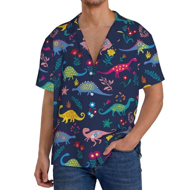 Fotbe Dinosaur Flowers Camisa Estampada de Manga Corta para Hombre, Casual de Verano, Estilo Playero, Sin Arrugas-3X-Large