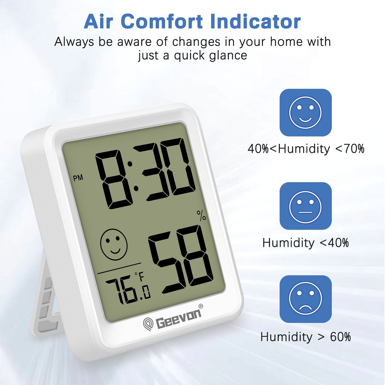 Geevon 6 Pack Digital Hygrometer Indoor Thermohygrometer, Room Thermometer Humidity Meter with Time for Home, Bedroom, Baby Room, Office, Greenhouse, Cellar (White)