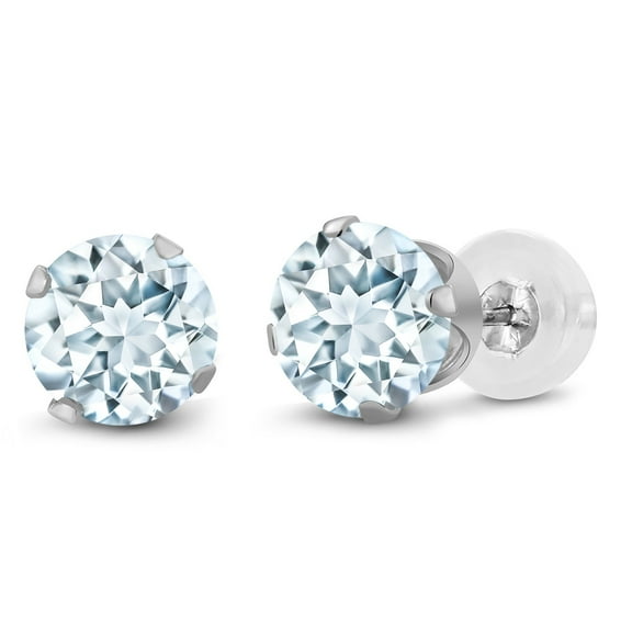 Gem Stone King 1.50 Ct Round 6mm Sky Blue Aquamarine 10K White Gold Stud Earrings for Women Men