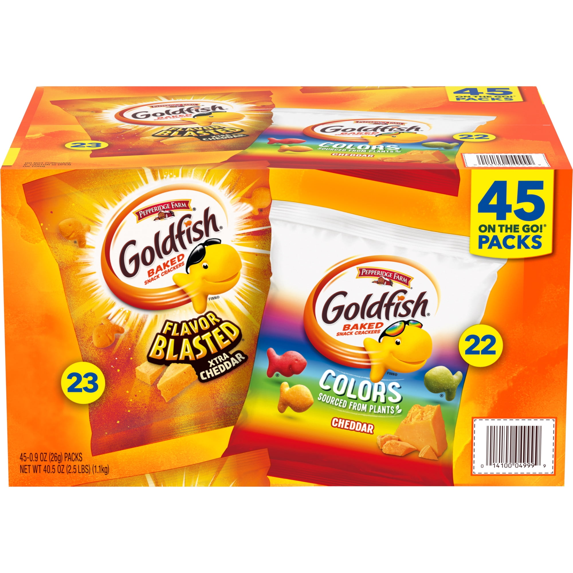 Goldfish Crackers, Cheddar Colors and Flavor Blasted Xtra Cheddar, 45-ct Variety Pack Box