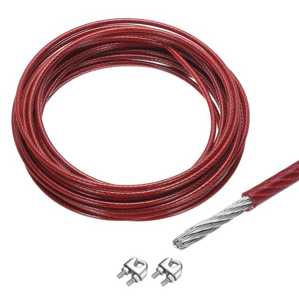 Cable de alambre de 33 pies (10 m) de acero inoxidable 304 de 3/16" (5 mm) recubierto de vinilo con 2 piezas de tornillo rojo