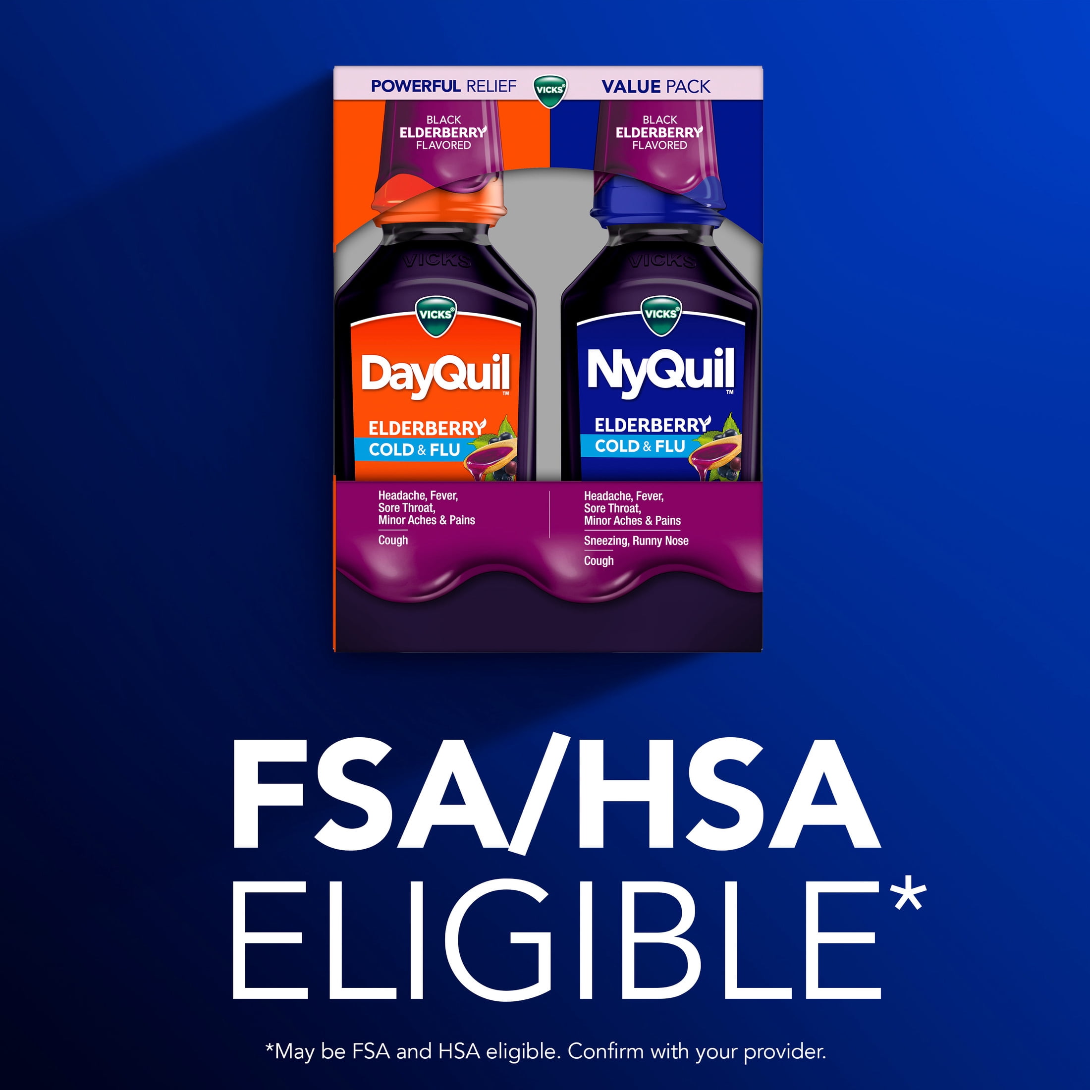 VICKS DayQuil & NyQuil Cold & Flu Medicine Co-Pack, Elderberry Flavor, 2x12 fl oz
